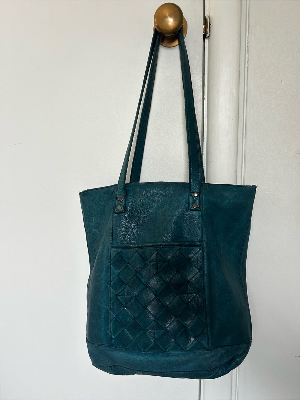 Teal Leather Valencia Holland Woven-Pocket Tote Bag